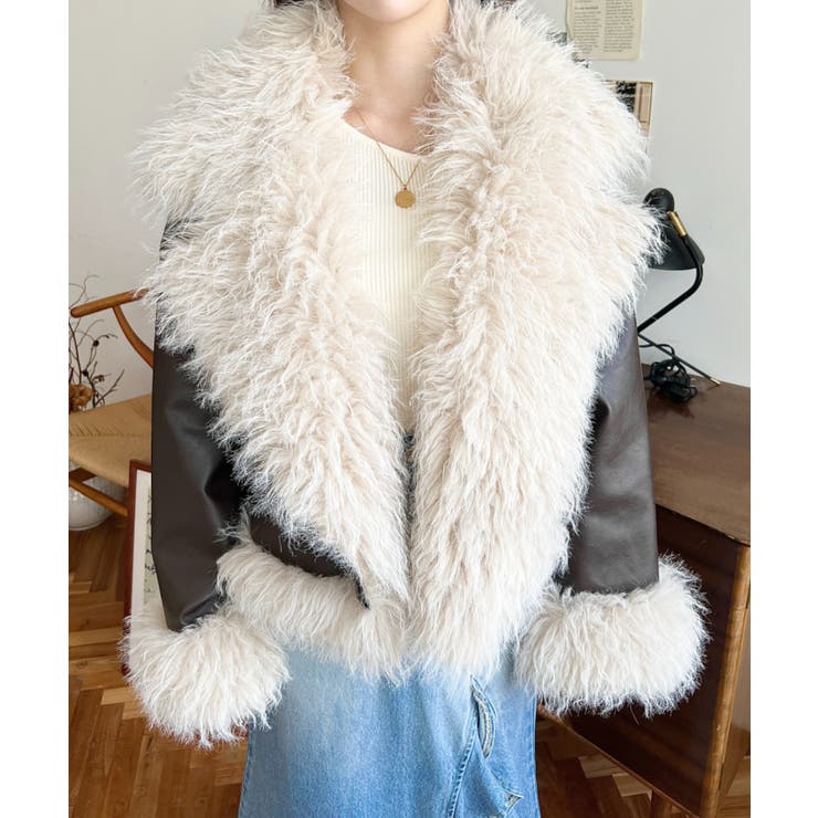 フェイクレザー×シープファームートン風ライダースジャケットブルゾン | moment+ | 詳細画像18 