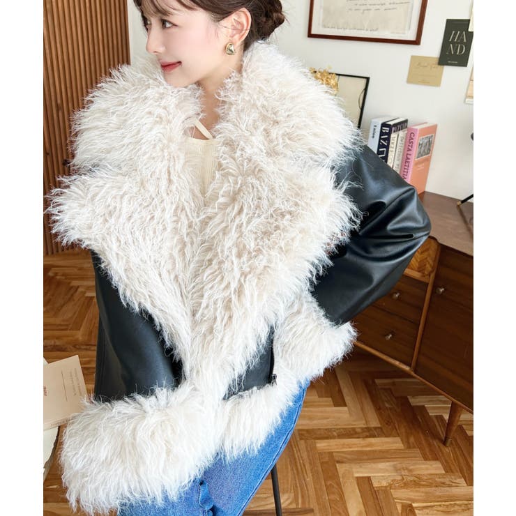 フェイクレザー×シープファームートン風ライダースジャケットブルゾン | moment+ | 詳細画像2 