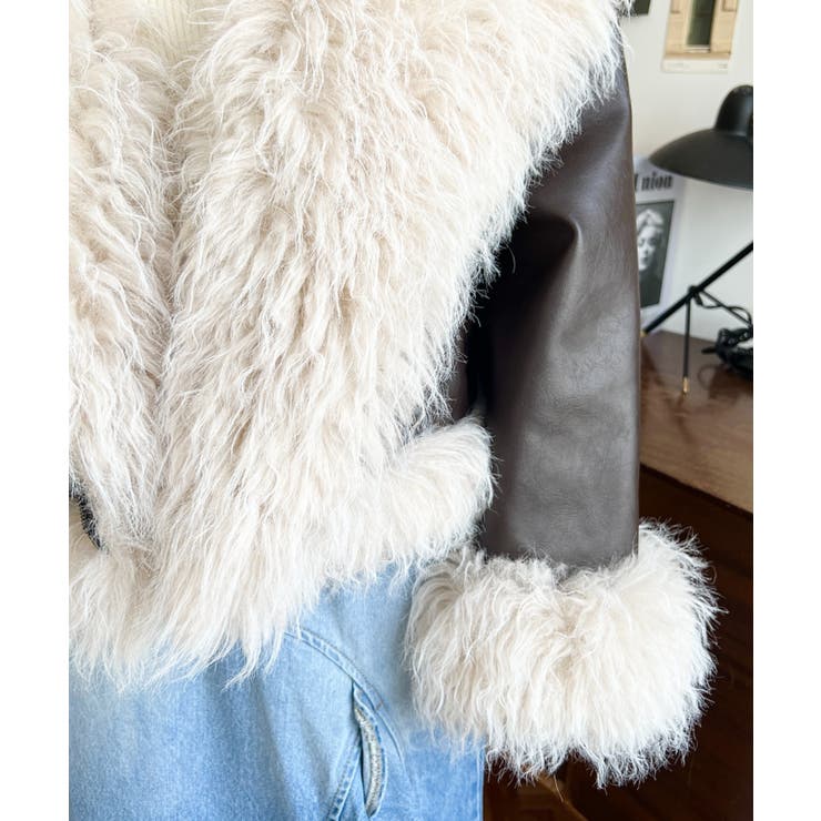 フェイクレザー×シープファームートン風ライダースジャケットブルゾン | moment+ | 詳細画像22 