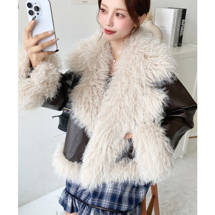 フェイクレザー×シープファームートン風ライダースジャケットブルゾン | moment+ | 詳細画像30 