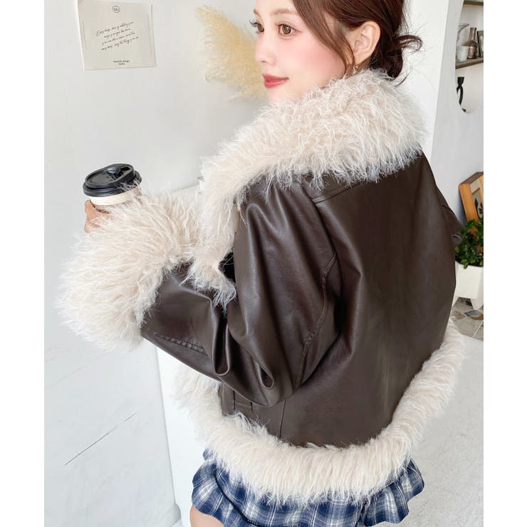 フェイクレザー×シープファームートン風ライダースジャケットブルゾン | moment+ | 詳細画像32 