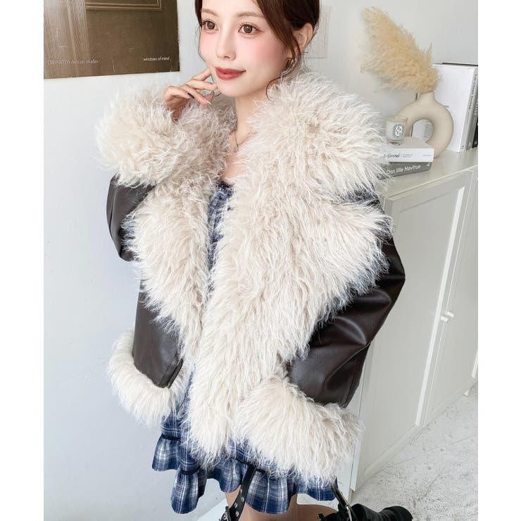 フェイクレザー×シープファームートン風ライダースジャケットブルゾン | moment+ | 詳細画像33 