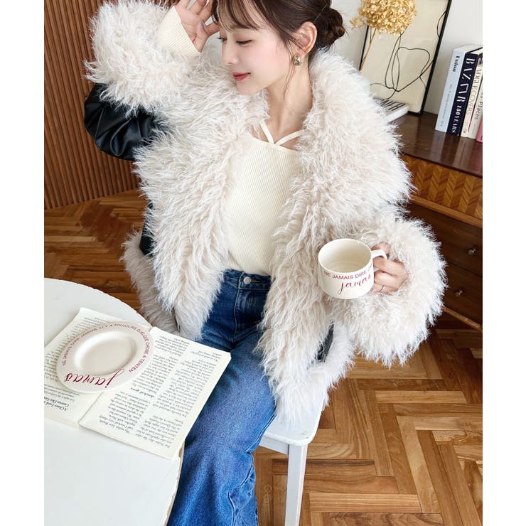 フェイクレザー×シープファームートン風ライダースジャケットブルゾン | moment+ | 詳細画像4 