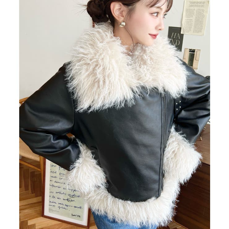 フェイクレザー×シープファームートン風ライダースジャケットブルゾン | moment+ | 詳細画像5 