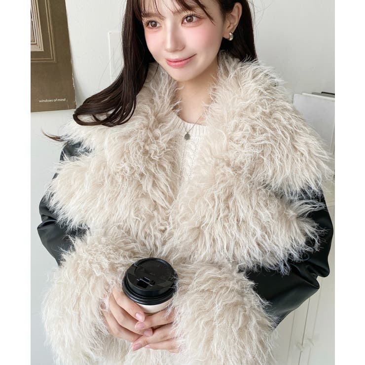 フェイクレザー×シープファームートン風ライダースジャケットブルゾン | moment+ | 詳細画像6 