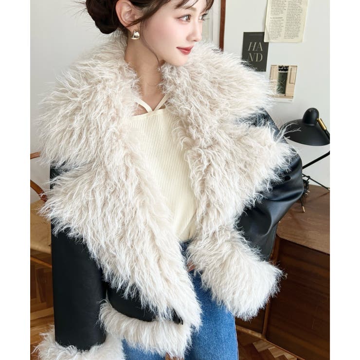 フェイクレザー×シープファームートン風ライダースジャケットブルゾン