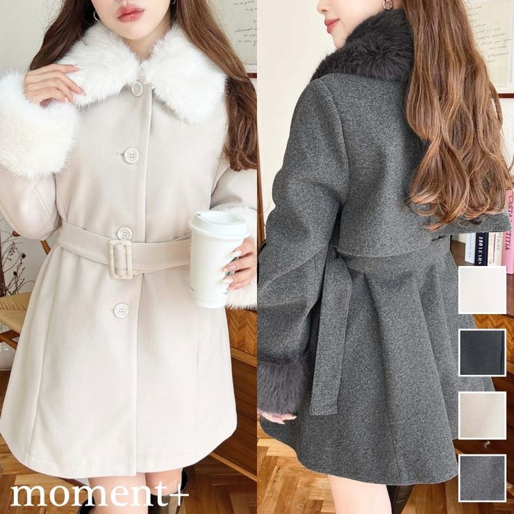 ファーティペット付きミドル丈ステンカラーコート[品番：ERMW0004239