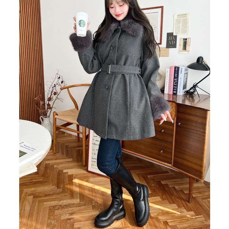 ファーティペット付きミドル丈ステンカラーコート[品番：ERMW0004239