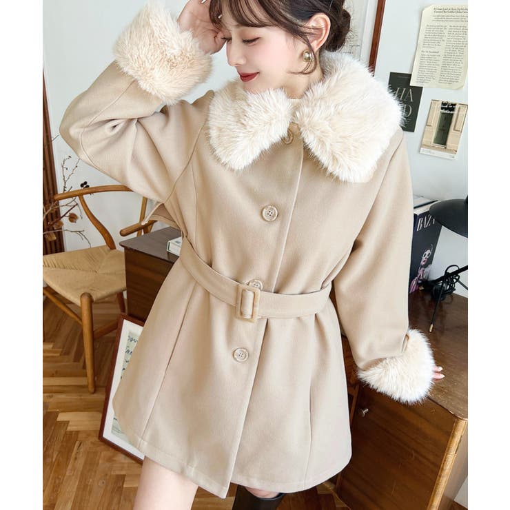 ファーティペット付きミドル丈ステンカラーコート[品番：ERMW0004239