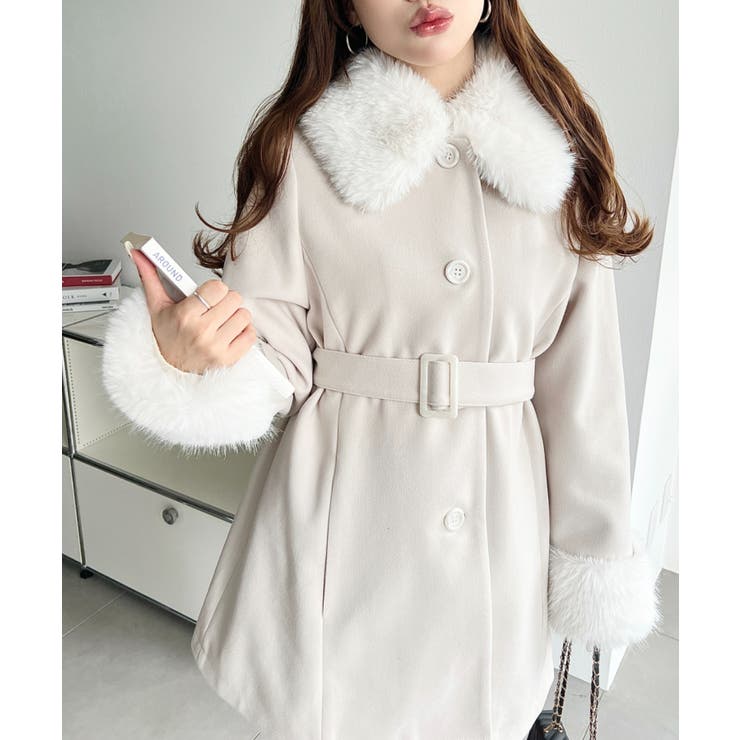 美品 ミースロエ ミドル丈ステンカラーコート 上質ウール 完売品 ホワイト 乙女心くすぐる／ファーティペット付きミドル丈ステンカラーコート