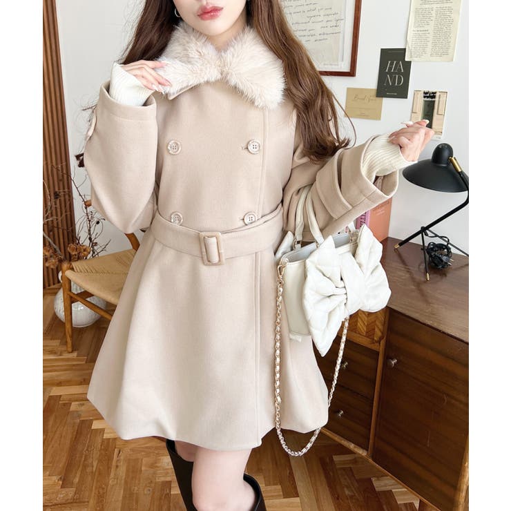 ファーティペット付きミドル丈バルーントレンチコート(バルーンコート