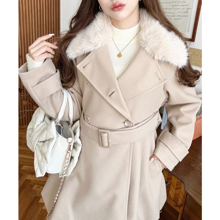 ファーティペット付きミドル丈バルーントレンチコート(バルーンコート