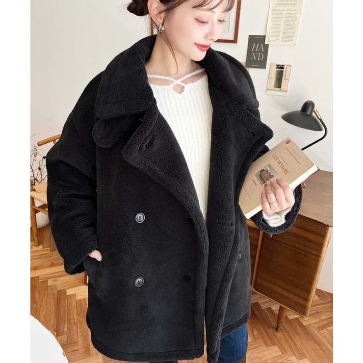 2WAYアレンジカラーミドル丈テディベアボアPコートジャケット[品番