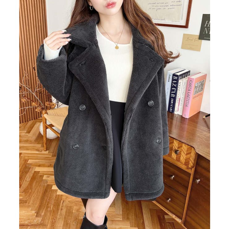 2WAYアレンジカラーミドル丈テディベアボアPコートジャケット[品番