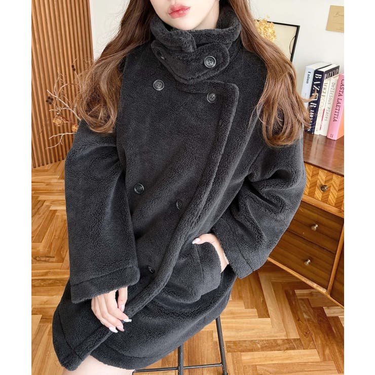 2WAYアレンジカラーミドル丈テディベアボアPコートジャケット[品番