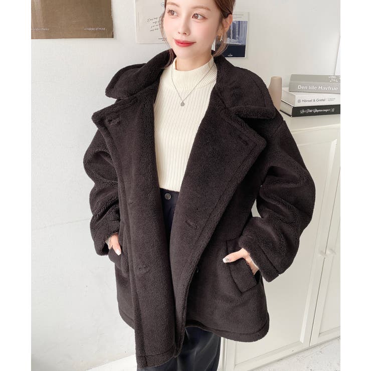 2WAYアレンジカラーミドル丈テディベアボアPコートジャケット[品番