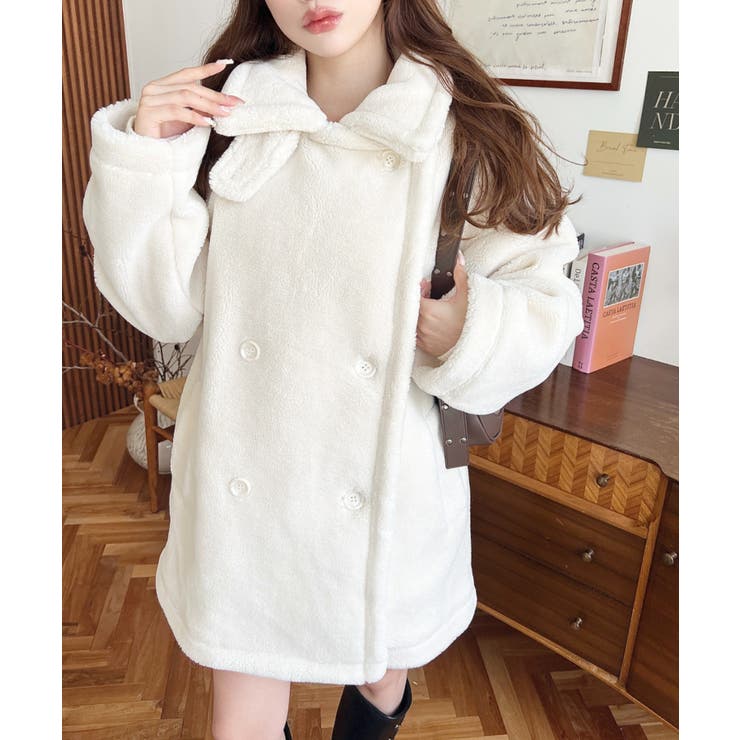 2WAYアレンジカラーミドル丈テディベアボアPコートジャケット[品番