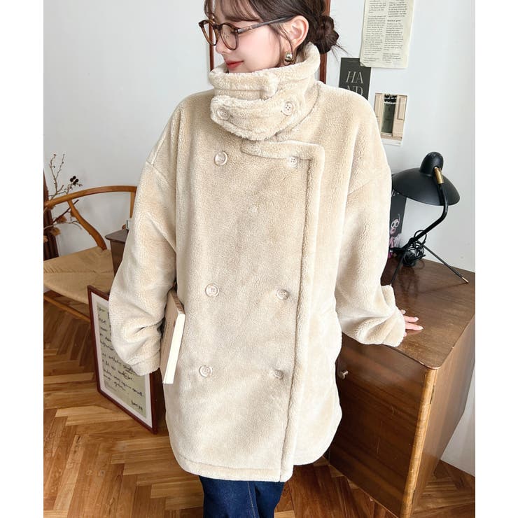 2WAYアレンジカラーミドル丈テディベアボアPコートジャケット[品番