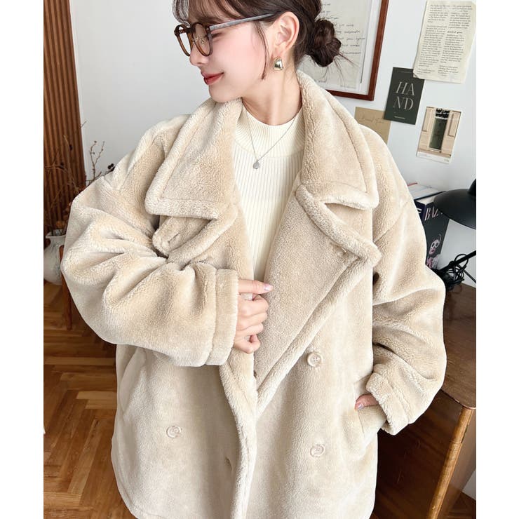 2WAYアレンジカラーミドル丈テディベアボアPコートジャケット[品番