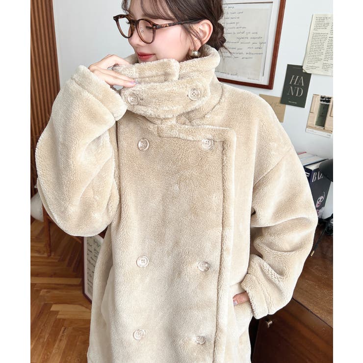 2WAYアレンジカラーミドル丈テディベアボアPコートジャケット[品番