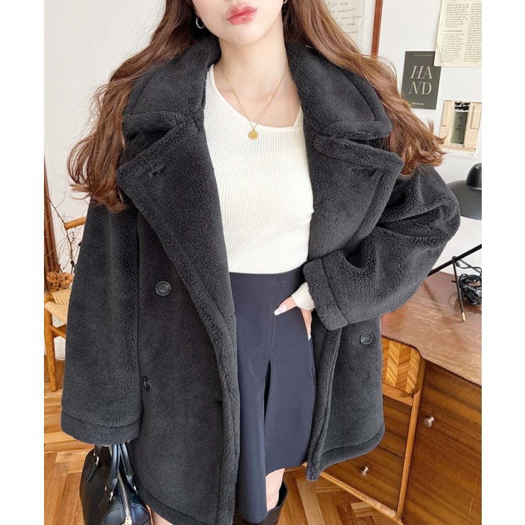 2WAYアレンジカラーミドル丈テディベアボアPコートジャケット[品番