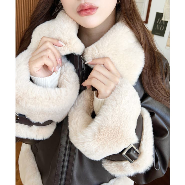 フェイクレザー×フェイクファームートン風裏地キルトフライトジャケット | moment+ | 詳細画像12 