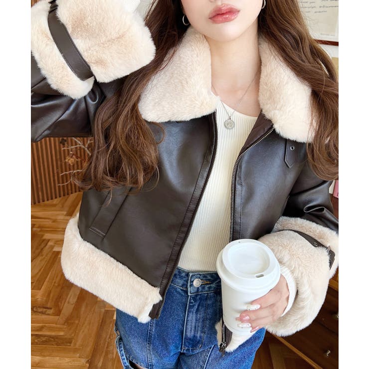 フェイクレザー×フェイクファームートン風裏地キルトフライトジャケット | moment+ | 詳細画像16 