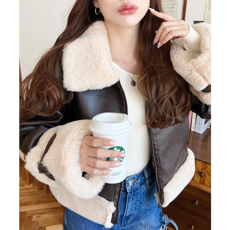 フェイクレザー×フェイクファームートン風裏地キルトフライトジャケット | moment+ | 詳細画像17 