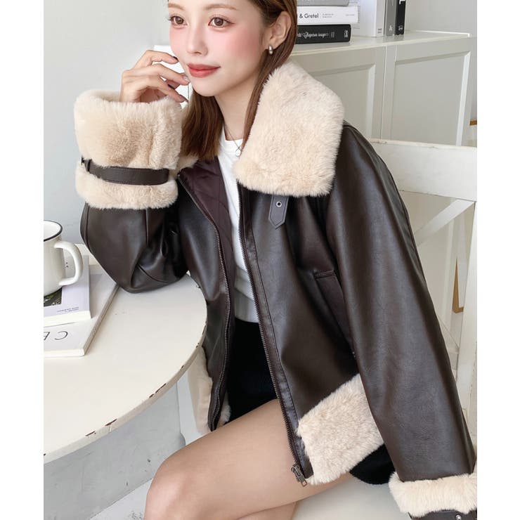 フェイクレザー×フェイクファームートン風裏地キルトフライトジャケット | moment+ | 詳細画像21 