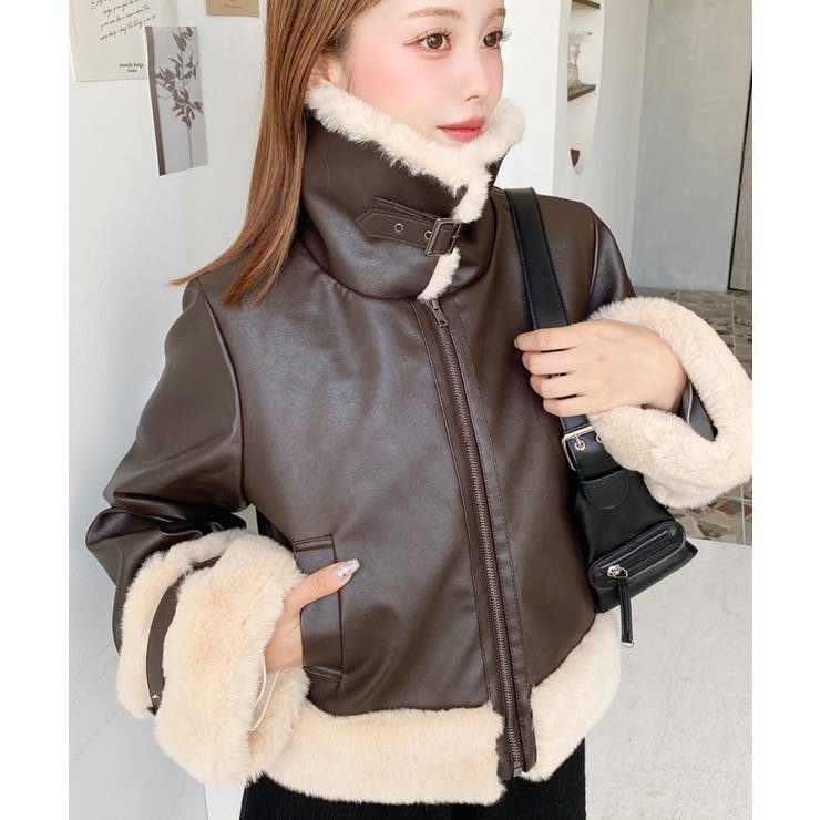 フェイクレザー×フェイクファームートン風裏地キルトフライトジャケット | moment+ | 詳細画像22 