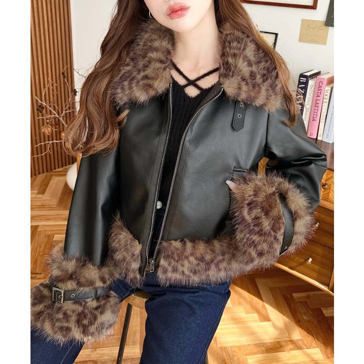 フェイクレザー×フェイクファームートン風裏地キルトフライトジャケット | moment+ | 詳細画像26 