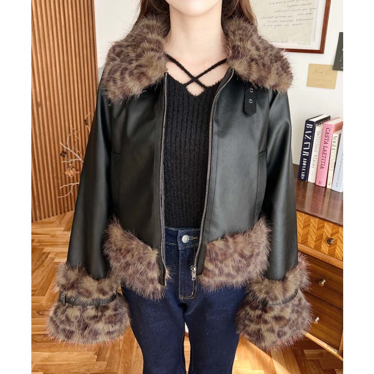 フェイクレザー×フェイクファームートン風裏地キルトフライトジャケット | moment+ | 詳細画像28 