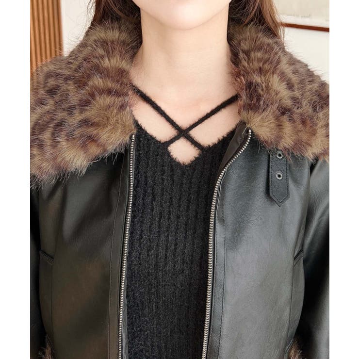 フェイクレザー×フェイクファームートン風裏地キルトフライトジャケット | moment+ | 詳細画像29 