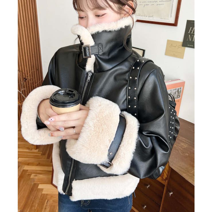 フェイクレザー×フェイクファームートン風裏地キルトフライトジャケット | moment+ | 詳細画像3 