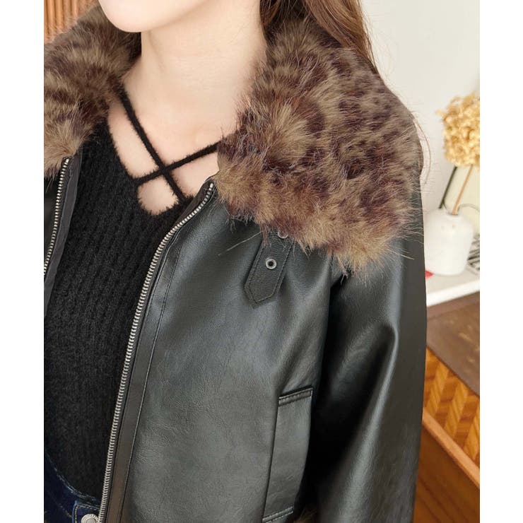 フェイクレザー×フェイクファームートン風裏地キルトフライトジャケット | moment+ | 詳細画像30 