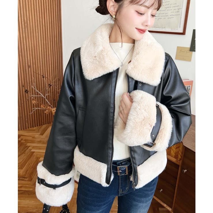 フェイクレザー×フェイクファームートン風裏地キルトフライトジャケット | moment+ | 詳細画像4 