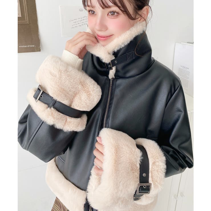 フェイクレザー×フェイクファームートン風裏地キルトフライトジャケット | moment+ | 詳細画像6 