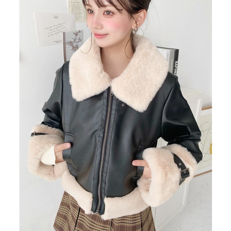 フェイクレザー×フェイクファームートン風裏地キルトフライトジャケット | moment+ | 詳細画像8 