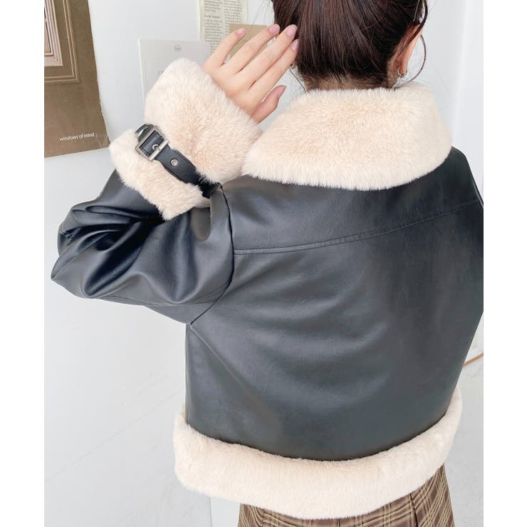 フェイクレザー×フェイクファームートン風裏地キルトフライトジャケット | moment+ | 詳細画像9 