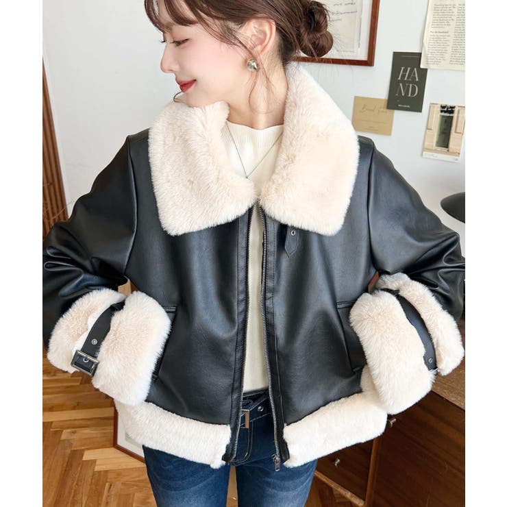 ブラック | フェイクレザー×フェイクファームートン風裏地キルトフライトジャケット | moment+