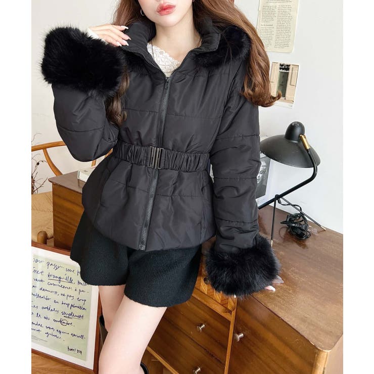 ベルト付きフードファーダウンジャケット[品番：ERMW0004046