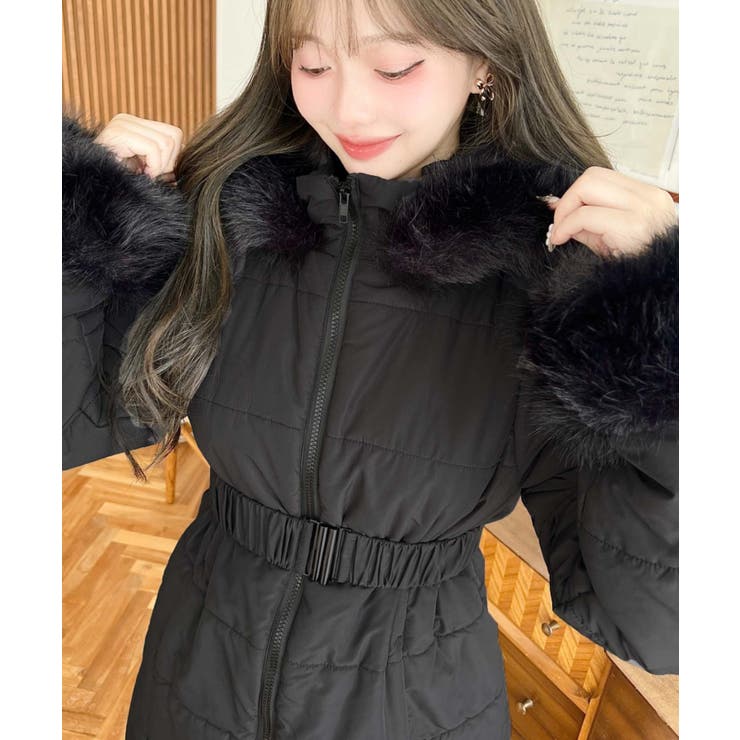 美品 Max&Co. ダウンコート XL フーディー ファー ベルト ブラック ベルト付きフードファーダウンコート[品番：ERMW0004047]｜moment+