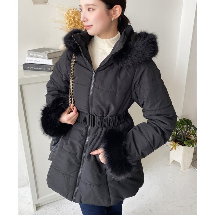 ベルト付きフードファーダウンコート[品番：ERMW0004047