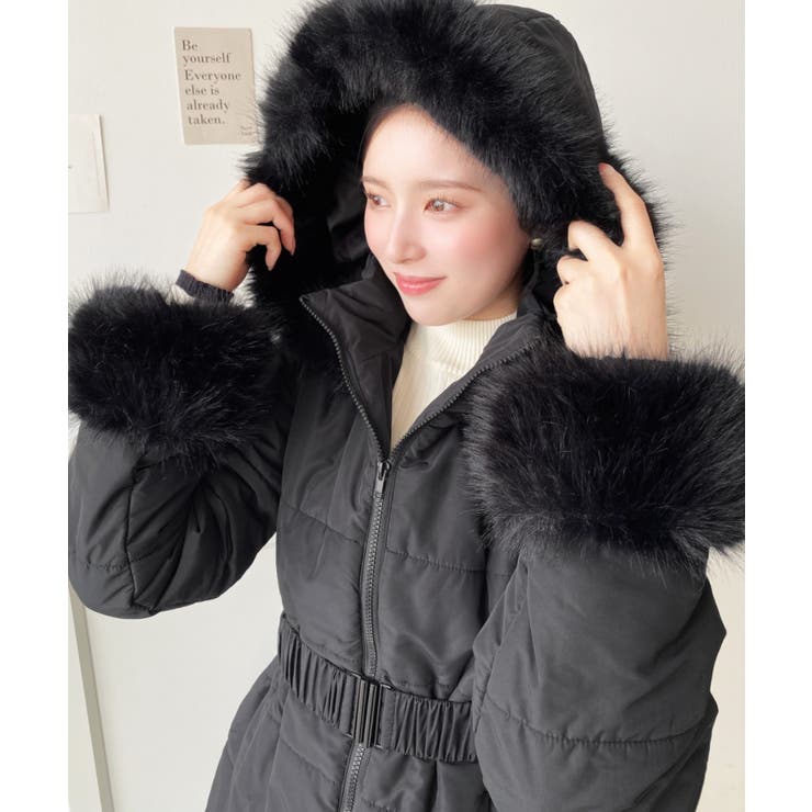 ベルト付きフードファーダウンコート[品番：ERMW0004047