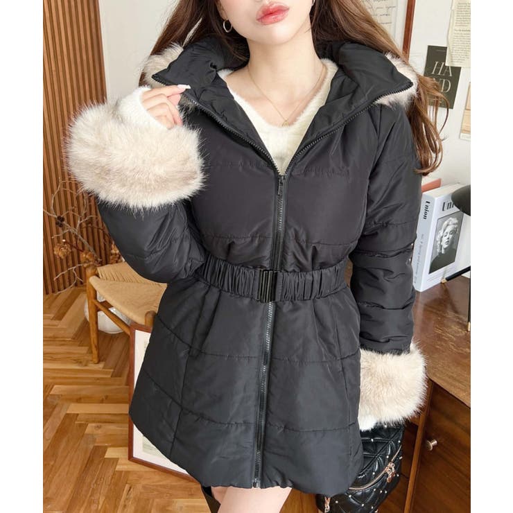 ベルト付きフードファーダウンコート[品番：ERMW0004047