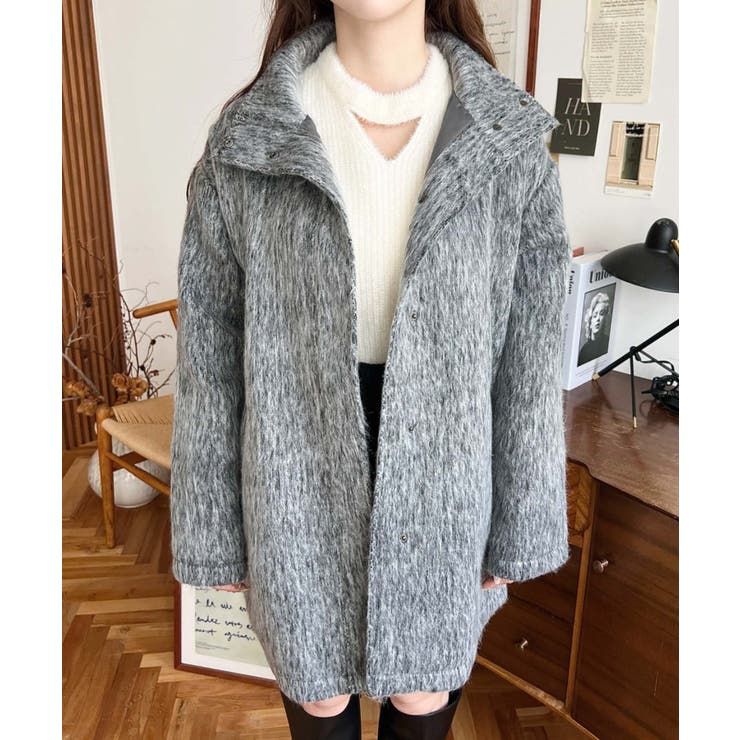 スタンドカラージップアップメランジシャギーコート[品番：ERMW0004026