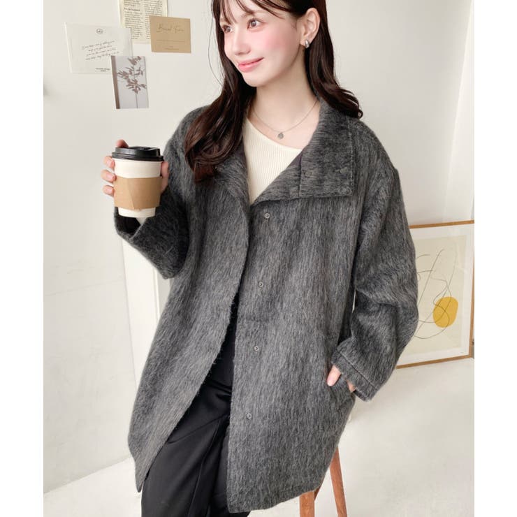 スタンドカラージップアップメランジシャギーコート[品番：ERMW0004026