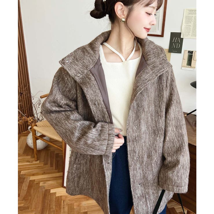 スタンドカラージップアップメランジシャギーコート | moment+ | 詳細画像20 