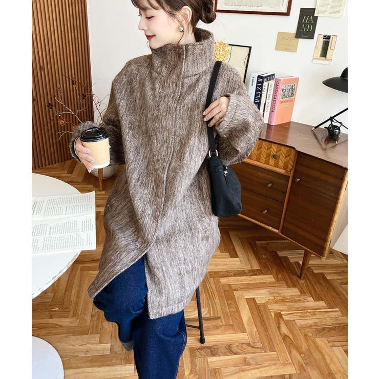 スタンドカラージップアップメランジシャギーコート | moment+ | 詳細画像21 