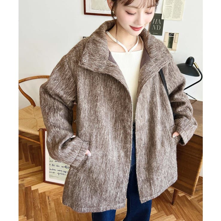 スタンドカラージップアップメランジシャギーコート | moment+ | 詳細画像22 